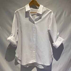 White Linen Cotton Long-Sleeve Button Down Shirt, size TBD